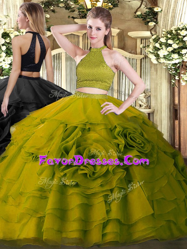 Trendy Olive Green Quince Ball Gowns Military Ball and Sweet 16 and Quinceanera with Beading and Ruffles Halter Top Sleeveless Backless