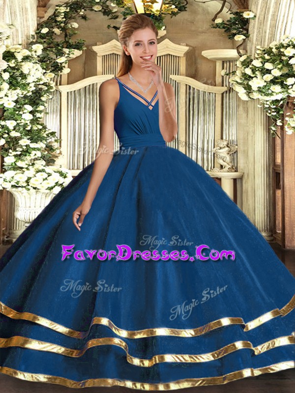  Floor Length Backless Vestidos de Quinceanera Blue for Military Ball and Sweet 16 and Quinceanera with Ruching