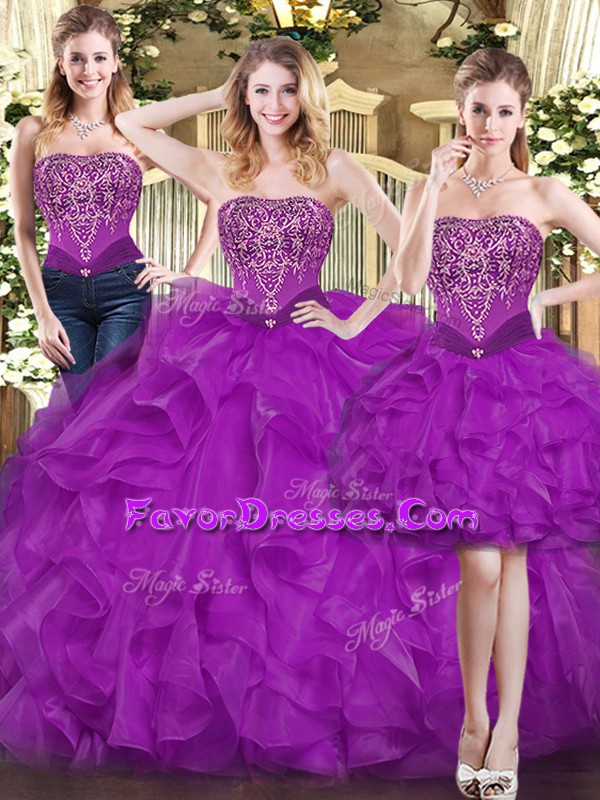  Floor Length Lace Up Sweet 16 Dress Purple for Military Ball and Sweet 16 and Quinceanera with Beading and Ruffles