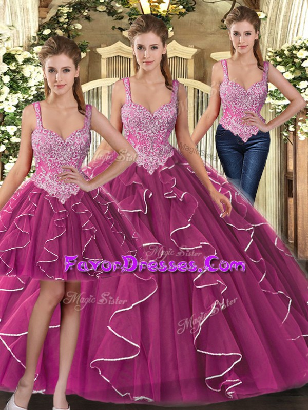 Trendy Fuchsia Ball Gowns Beading and Ruffles Ball Gown Prom Dress Lace Up Tulle Sleeveless Floor Length