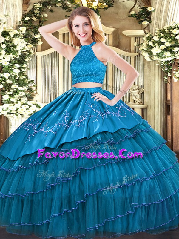  Floor Length Backless Quinceanera Dresses Teal for Military Ball and Sweet 16 and Quinceanera with Beading and Embroidery and Ruffled Layers