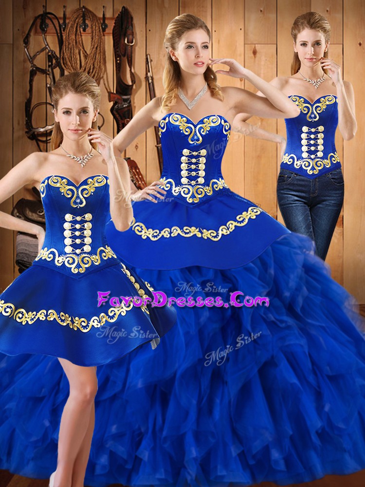  Blue Satin and Organza Lace Up Quince Ball Gowns Sleeveless Floor Length Embroidery and Ruffles