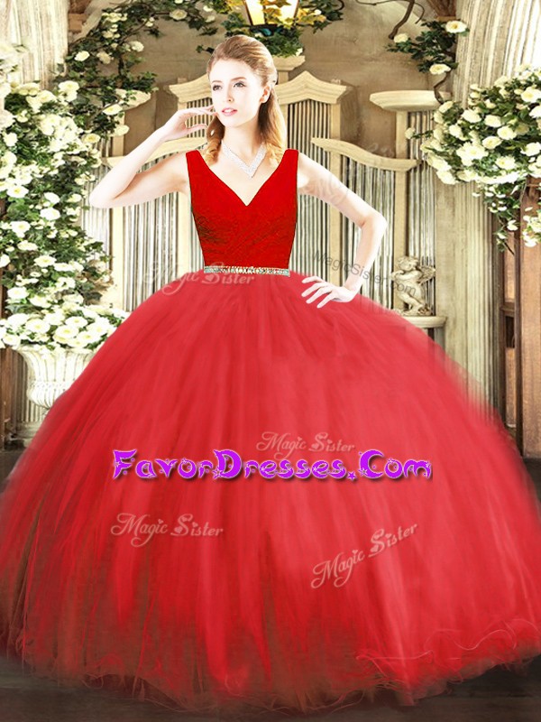 Modern Sleeveless Floor Length Beading Zipper Quinceanera Dresses with Red