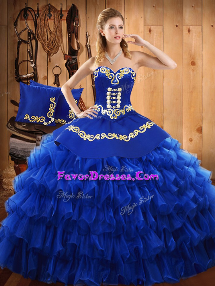  Ball Gowns Vestidos de Quinceanera Blue Strapless Satin and Organza Sleeveless Floor Length Lace Up