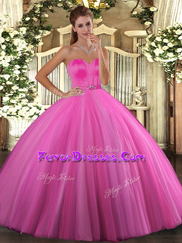  Rose Pink Tulle Lace Up Sweet 16 Dress Sleeveless Floor Length Beading