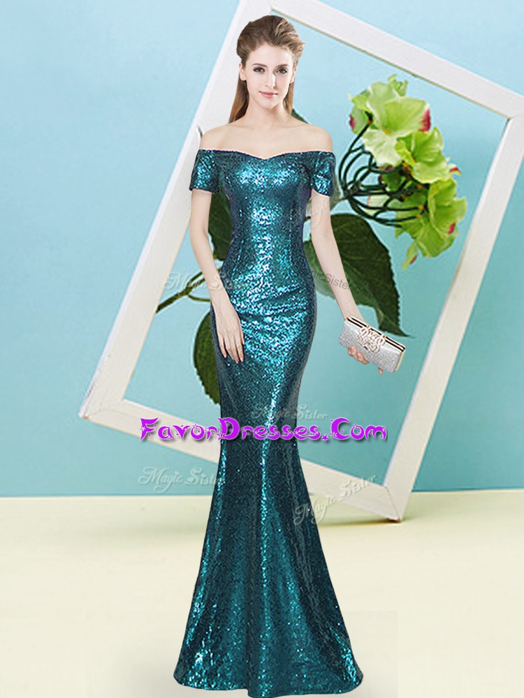 Exquisite Off The Shoulder Short Sleeves Sequined Dress for Prom Sequins Zipper
