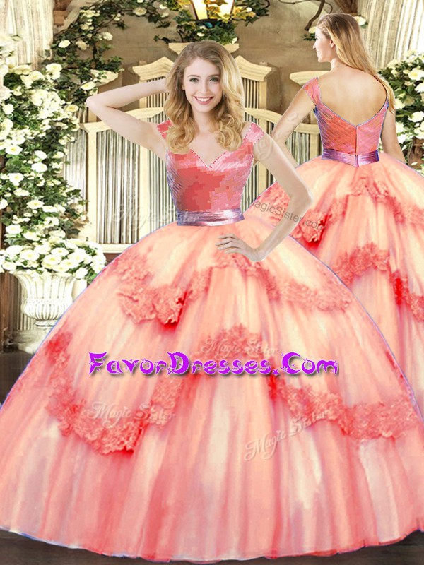 Artistic Watermelon Red Sleeveless Tulle Zipper Quinceanera Gown for Military Ball and Sweet 16
