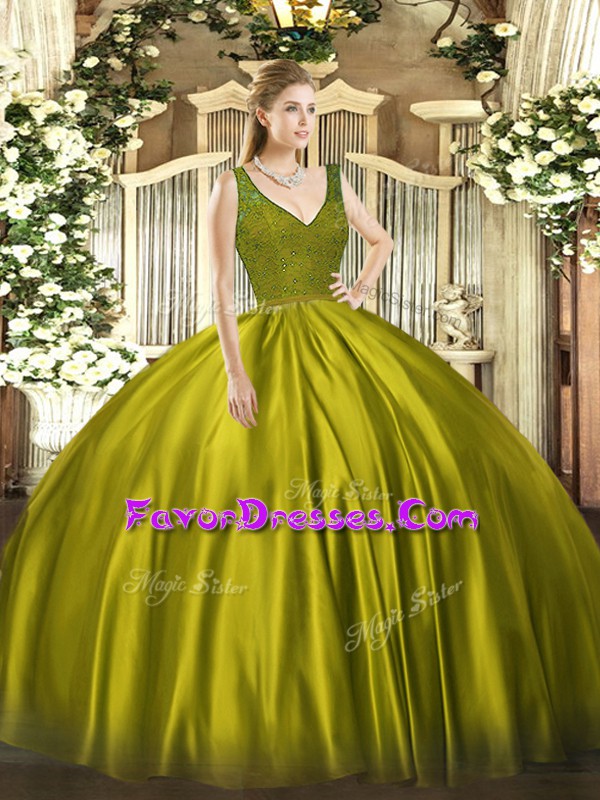  Olive Green Satin Backless V-neck Sleeveless Floor Length Quinceanera Dress Beading and Lace