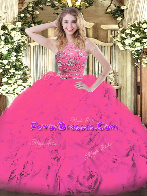 Most Popular Hot Pink Halter Top Neckline Beading and Ruffles Ball Gown Prom Dress Sleeveless Zipper