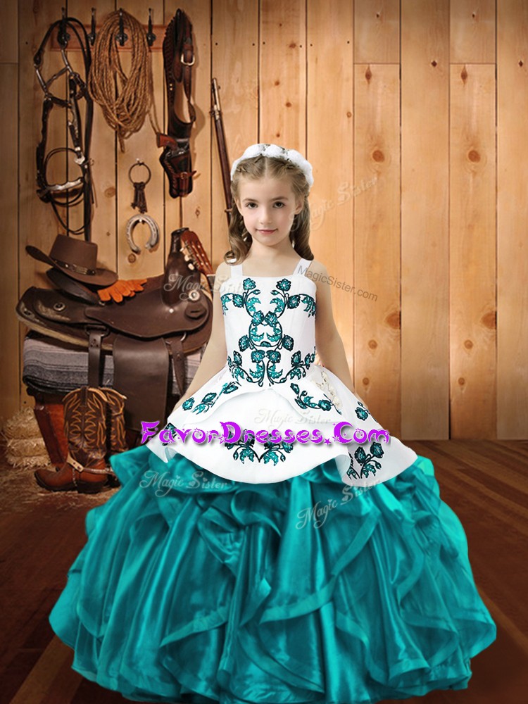  Teal Little Girl Pageant Gowns Sweet 16 and Quinceanera with Embroidery and Ruffles Straps Sleeveless Lace Up