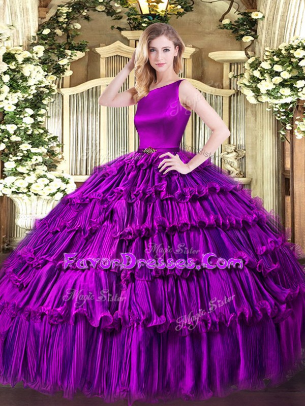  Eggplant Purple Organza Clasp Handle Quinceanera Dress Sleeveless Floor Length Ruffled Layers