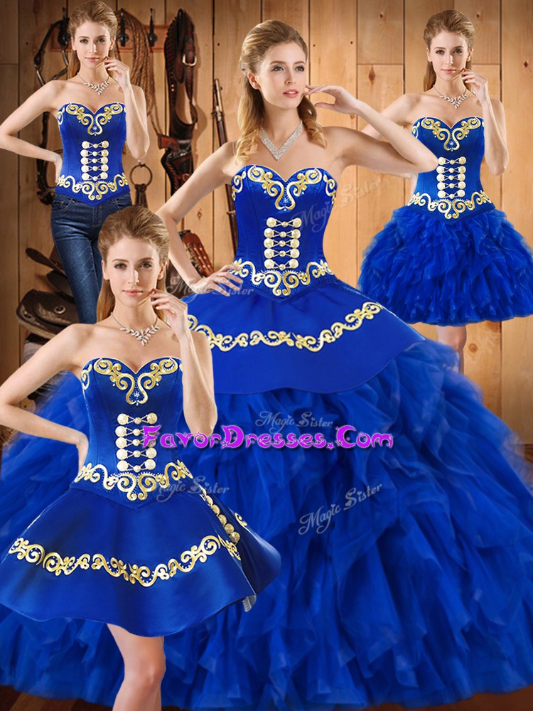  Floor Length Lace Up Quince Ball Gowns Blue for Military Ball and Sweet 16 and Quinceanera with Embroidery and Ruffles