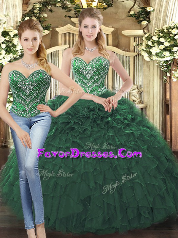 Glorious Floor Length Lace Up Ball Gown Prom Dress Dark Green for Military Ball and Sweet 16 and Quinceanera with Beading and Ruffles
