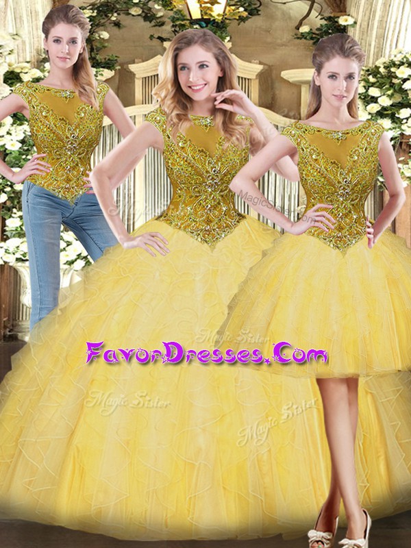  Sleeveless Tulle Floor Length Zipper Quinceanera Dresses in Gold with Beading and Ruffles