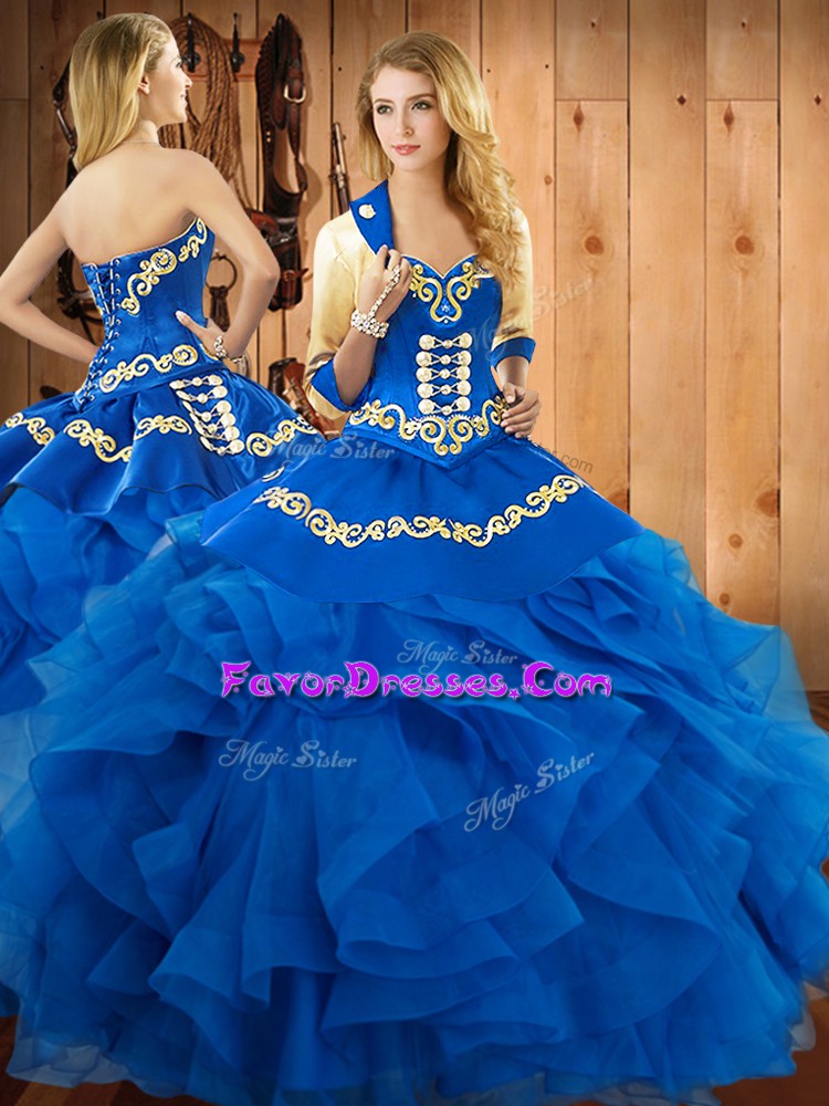 Simple Sleeveless Satin and Organza Floor Length Lace Up Sweet 16 Dresses in Blue with Embroidery and Ruffles