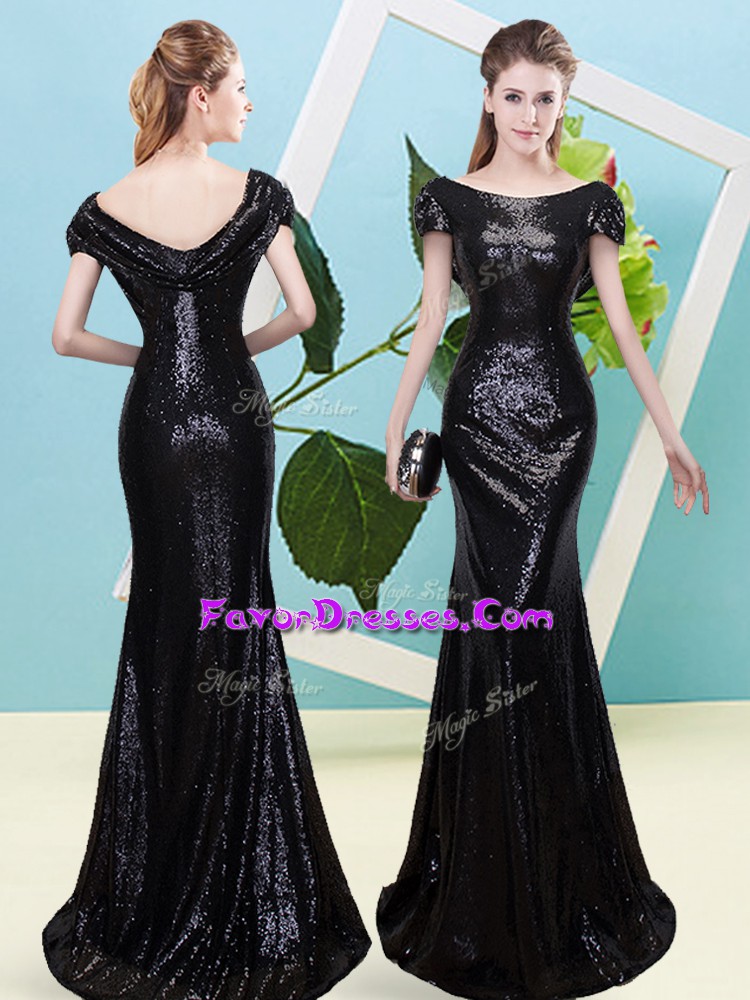 High End Scoop Cap Sleeves Prom Dress Floor Length Sequins Black Sequined