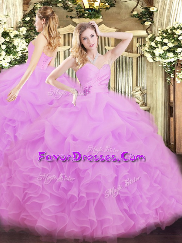  Floor Length Lilac Sweet 16 Dresses Organza Sleeveless Beading and Ruffles