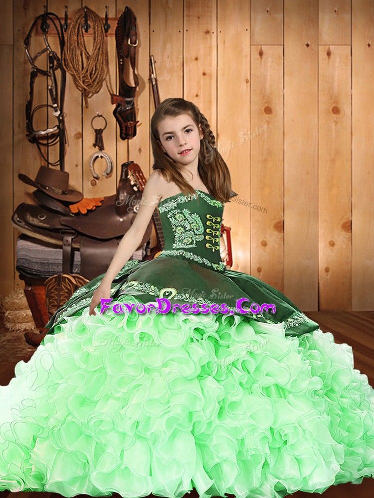  Organza Lace Up Little Girls Pageant Dress Sleeveless Brush Train Embroidery and Ruffles