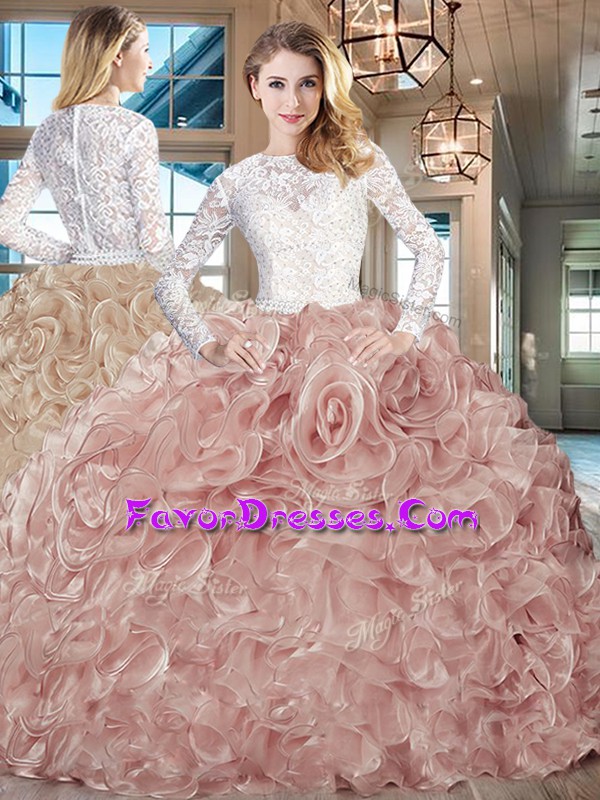 Cheap Long Sleeves Lace and Fabric With Rolling Flowers Brush Train Lace Up 15 Quinceanera Dress in Champagne with Beading and Ruffles