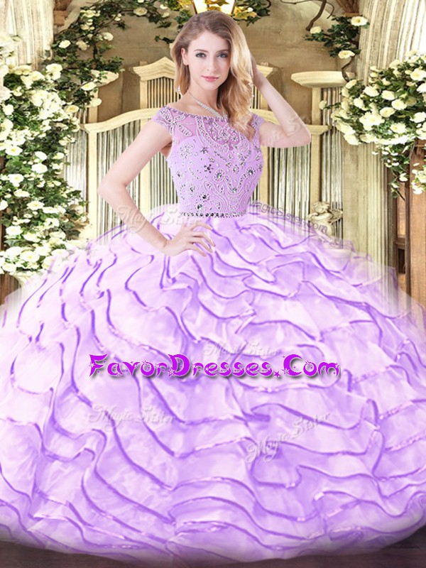 Sweet Lavender Bateau Neckline Beading and Ruffled Layers Quince Ball Gowns Sleeveless Zipper