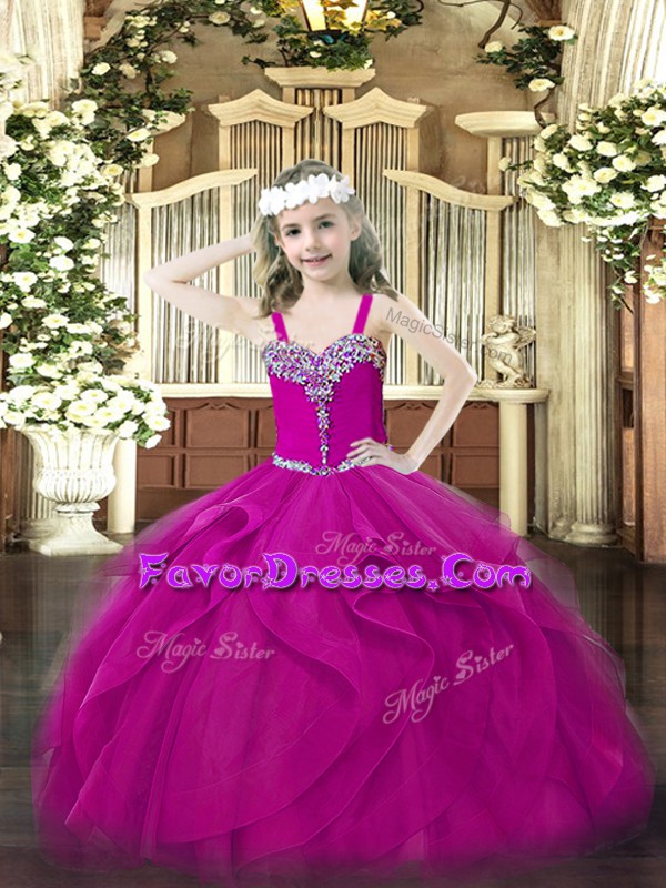 Best Fuchsia Organza Lace Up Little Girls Pageant Dress Sleeveless Floor Length Beading and Ruffles