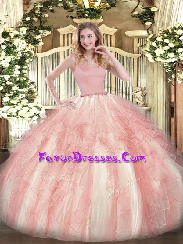  Floor Length Pink Sweet 16 Dresses Tulle Sleeveless Beading and Ruffles