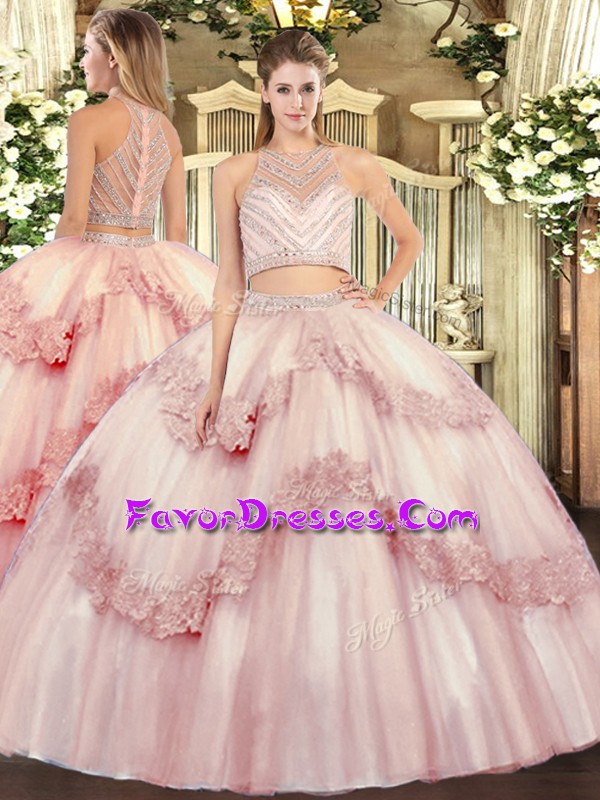 Modern Baby Pink Quinceanera Gown Military Ball and Sweet 16 and Quinceanera with Beading and Appliques Scoop Sleeveless Zipper