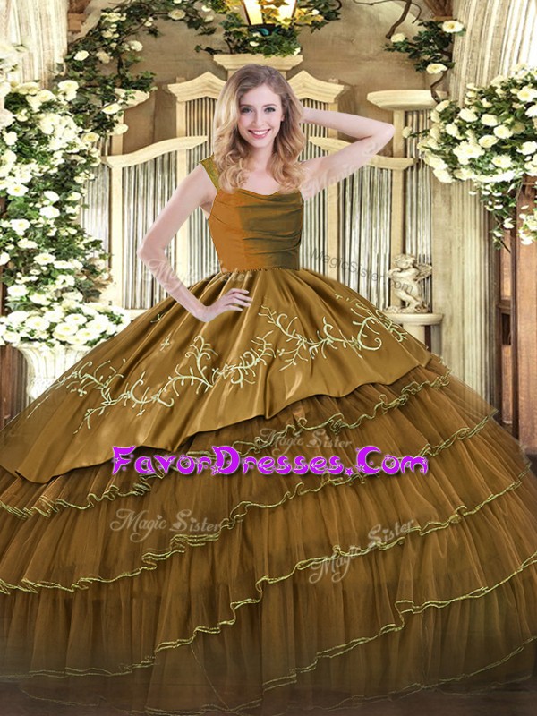  Straps Sleeveless Zipper Quinceanera Gowns Brown Satin and Organza
