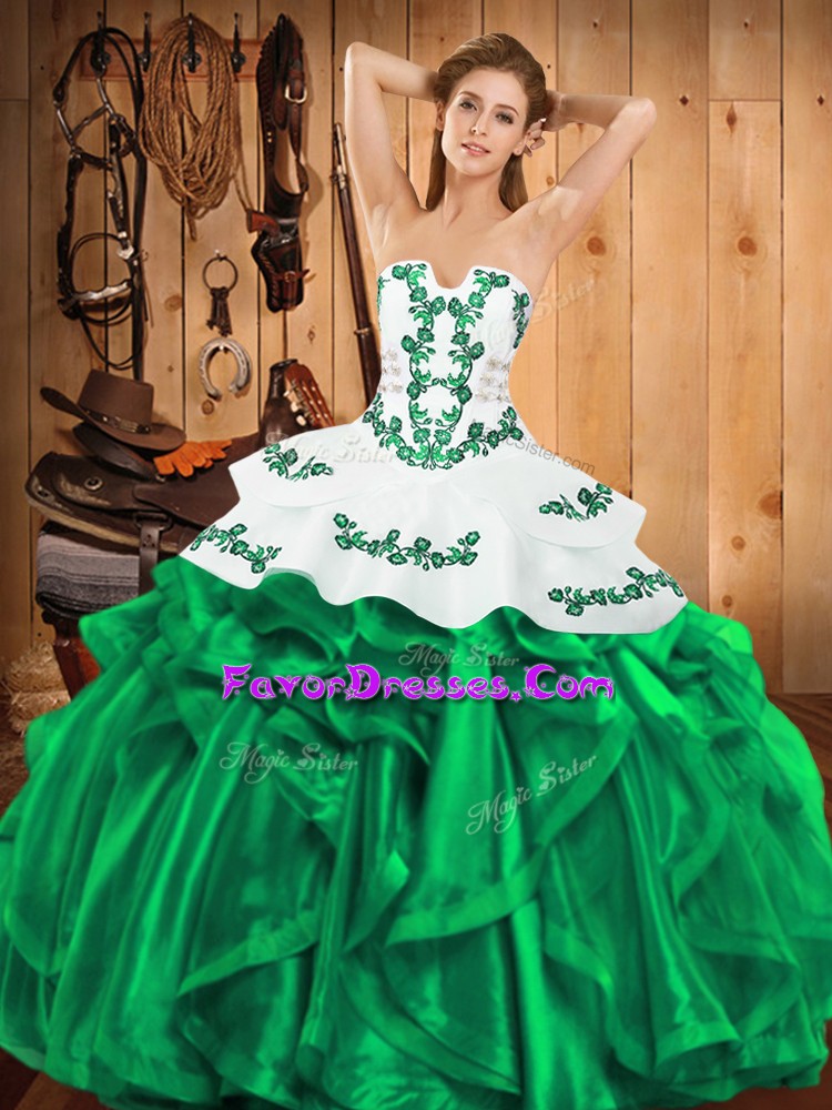 Artistic Green Quince Ball Gowns Military Ball and Sweet 16 and Quinceanera with Embroidery and Ruffles Strapless Sleeveless Lace Up