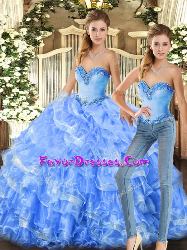  Sleeveless Organza Floor Length Lace Up 15 Quinceanera Dress in Baby Blue and Light Blue with Beading and Ruffles