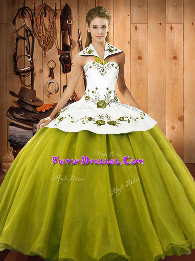  Sleeveless Floor Length Embroidery Lace Up 15th Birthday Dress with Olive Green