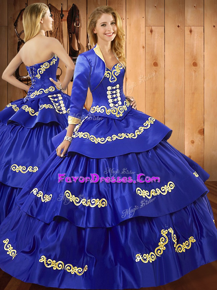 Customized Floor Length Royal Blue Quinceanera Gown Sweetheart Sleeveless Lace Up