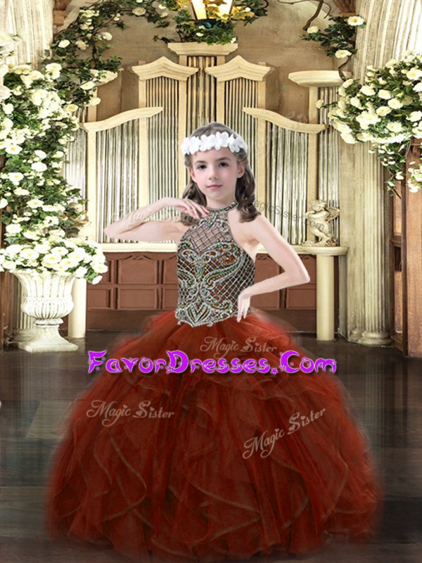  Rust Red Ball Gowns Organza Halter Top Sleeveless Beading and Ruffles Floor Length Lace Up Little Girl Pageant Dress