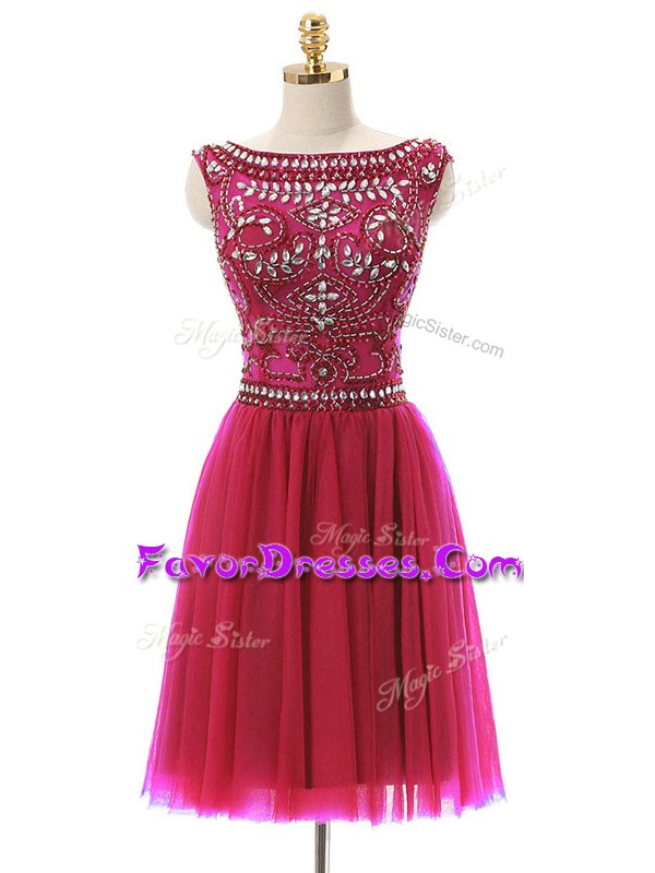 Fabulous Hot Pink Tulle Zipper Bateau Sleeveless Mini Length Prom Gown Beading