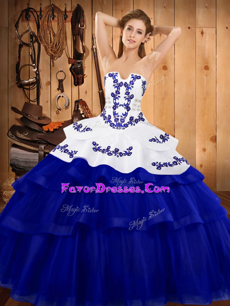  Tulle Strapless Sleeveless Sweep Train Lace Up Embroidery and Ruffled Layers Sweet 16 Dresses in Royal Blue
