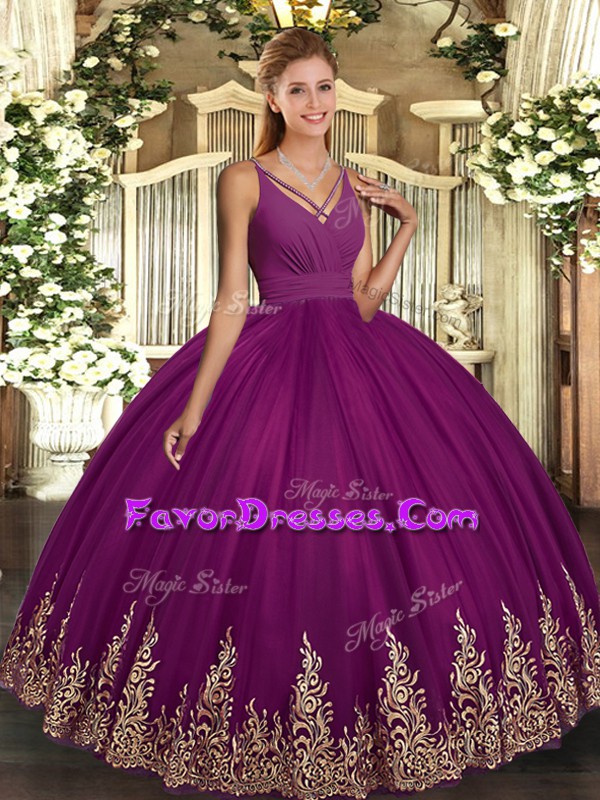  Floor Length Purple Vestidos de Quinceanera Tulle Sleeveless Beading and Appliques