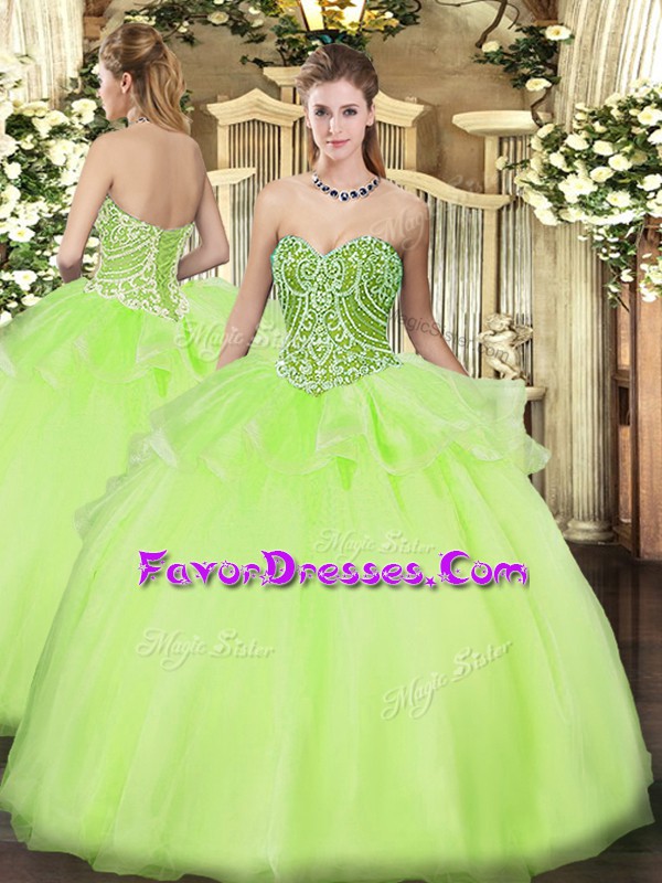  Yellow Green Lace Up Sweetheart Beading and Ruffles Quinceanera Dresses Tulle Sleeveless