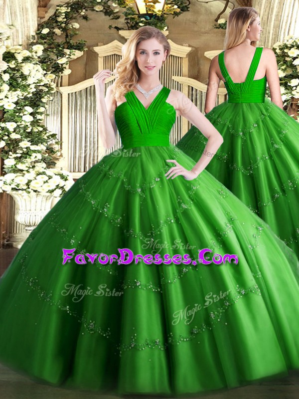 Adorable Floor Length Zipper Quinceanera Dress Green for Military Ball and Sweet 16 and Quinceanera with Beading