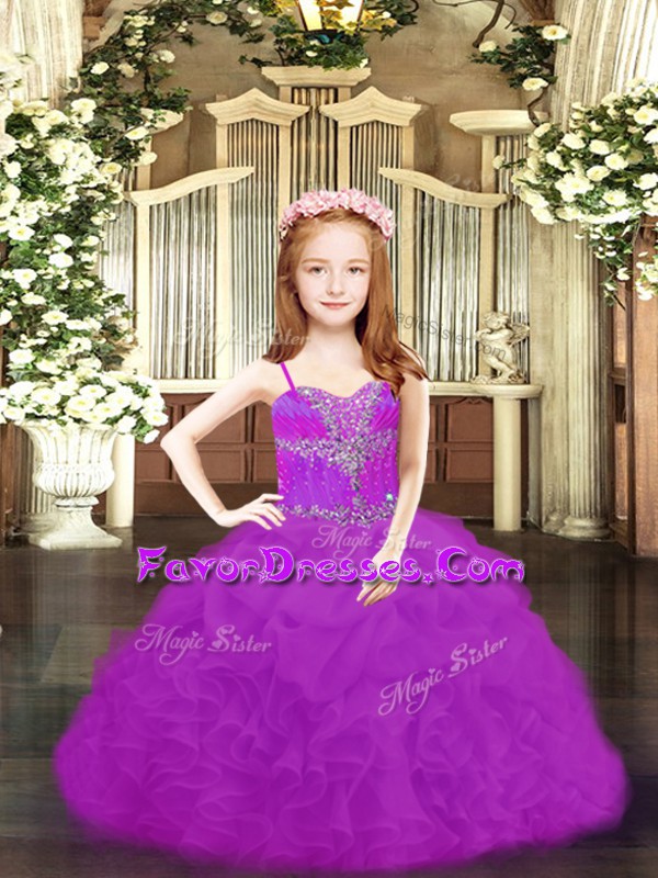  Ball Gowns Kids Formal Wear Fuchsia and Purple Spaghetti Straps Organza Sleeveless Floor Length Lace Up