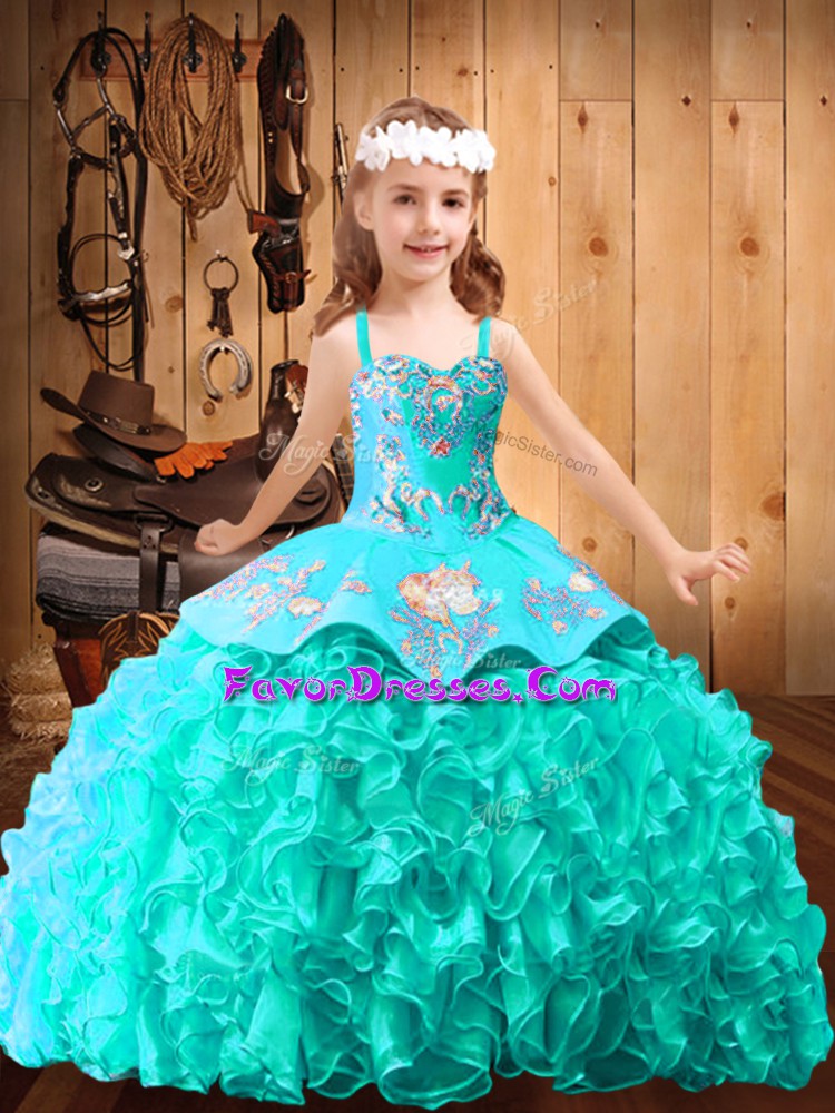Classical Straps Sleeveless Little Girls Pageant Dress Wholesale Brush Train Embroidery and Ruffles Turquoise Satin and Organza
