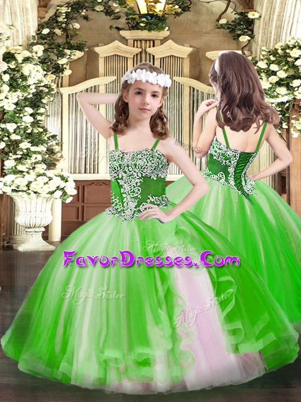  Green Ball Gowns Tulle Straps Sleeveless Appliques Floor Length Lace Up Little Girls Pageant Gowns