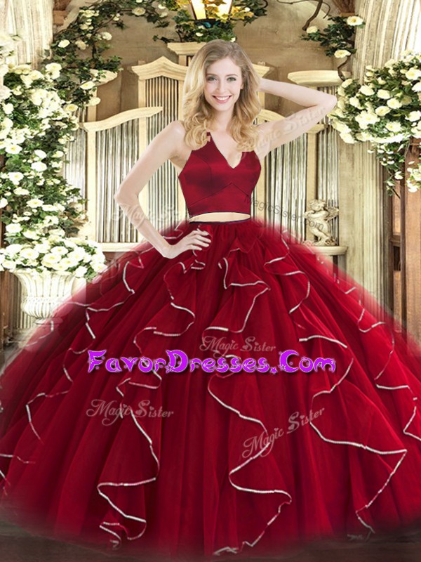  Wine Red Sleeveless Ruffles Floor Length 15th Birthday Dress