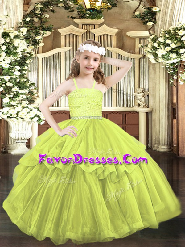  Sleeveless Floor Length Beading and Lace Zipper Kids Pageant Dress with Yellow Green