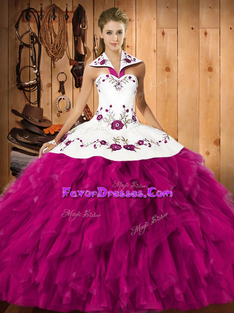 New Style Sleeveless Floor Length Embroidery and Ruffles Lace Up Sweet 16 Quinceanera Dress with Fuchsia