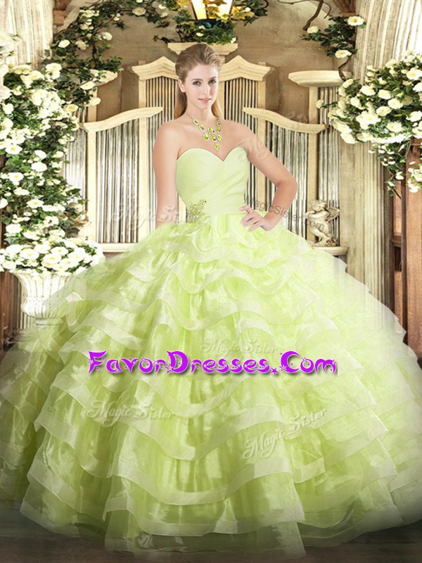 Ideal Yellow Green Quinceanera Dresses Military Ball and Sweet 16 and Quinceanera with Beading and Ruffled Layers Sweetheart Sleeveless Lace Up
