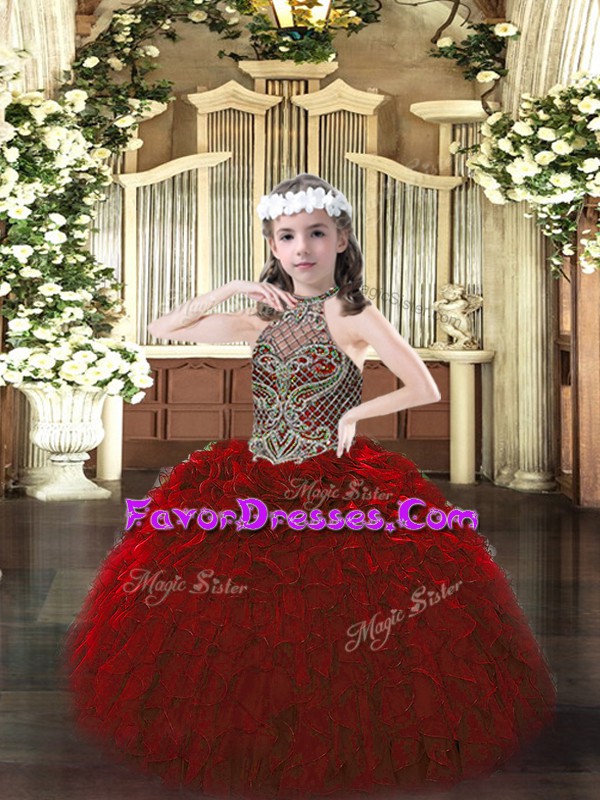  Wine Red Sleeveless Beading and Ruffles Floor Length Little Girl Pageant Gowns