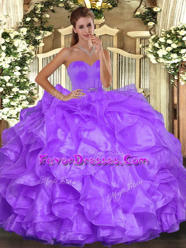Fancy Sleeveless Organza Floor Length Lace Up Sweet 16 Dress in Purple with Beading and Ruffles