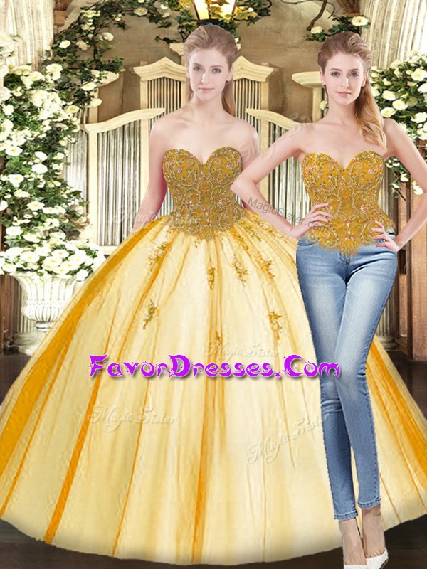  Gold Tulle Lace Up Sweetheart Sleeveless Floor Length Quince Ball Gowns Beading and Appliques