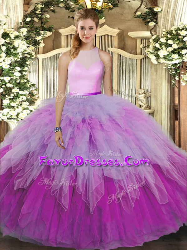 Simple Multi-color Organza Backless Quinceanera Gown Sleeveless Floor Length Ruffles
