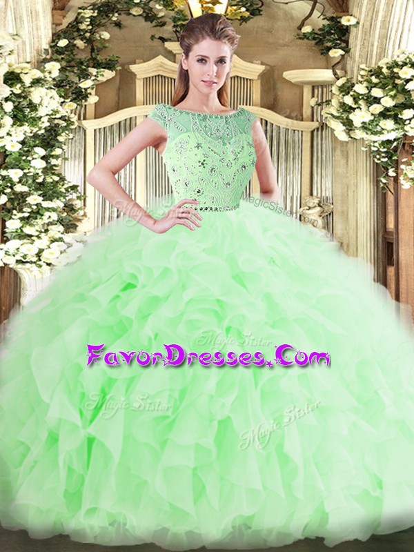 Decent Floor Length Zipper Quinceanera Dresses Apple Green for Military Ball and Sweet 16 and Quinceanera with Beading and Ruffles